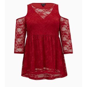 TORRID RED LACE COLD SHOULDER BABYDOLL TOP SZ 2